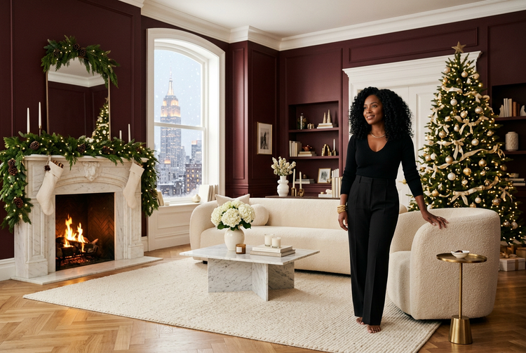 Woman with long black curls in a sleek all-black outfit with a gold belt and bangles in an oxblood Manhattan living room with a fireplace and lit Christmas tree