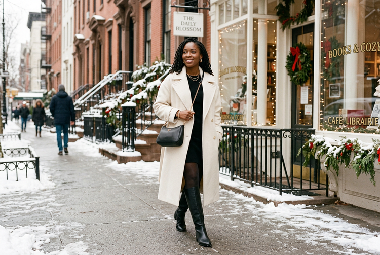 Woman in a cream wool coat and black boots walking down a snowy New York street