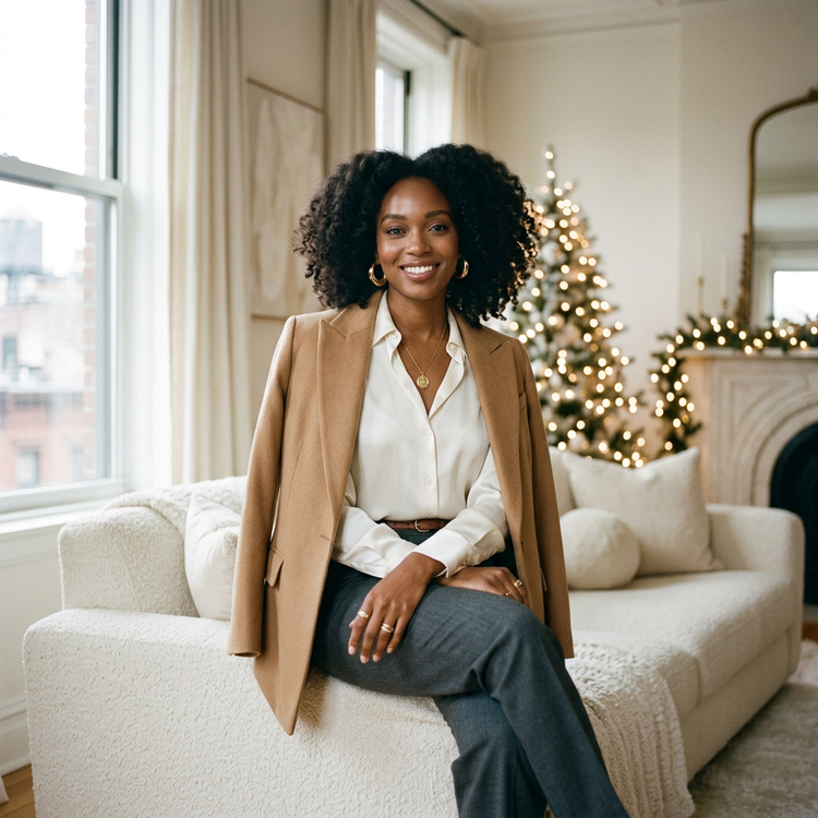 Smiling woman in a camel blazer and ivory blouse in a bright apartment