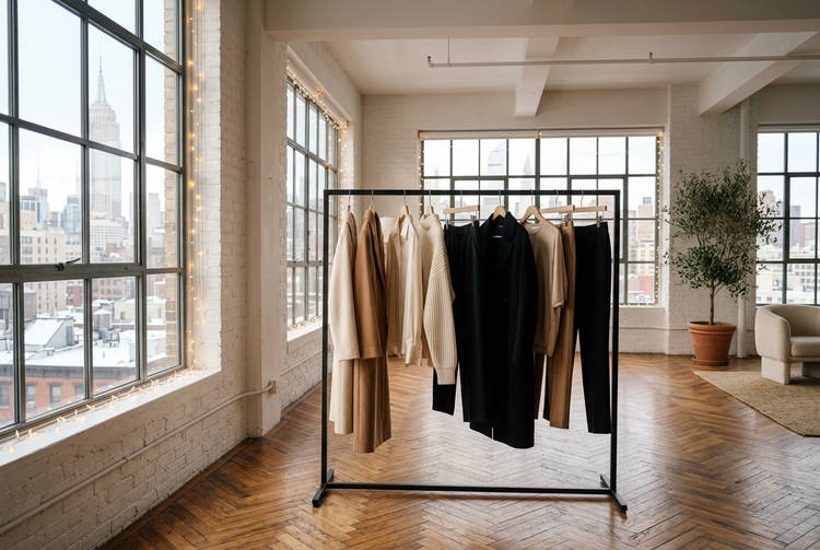 Clothing rack of coats and knits in a sunlit New York loft